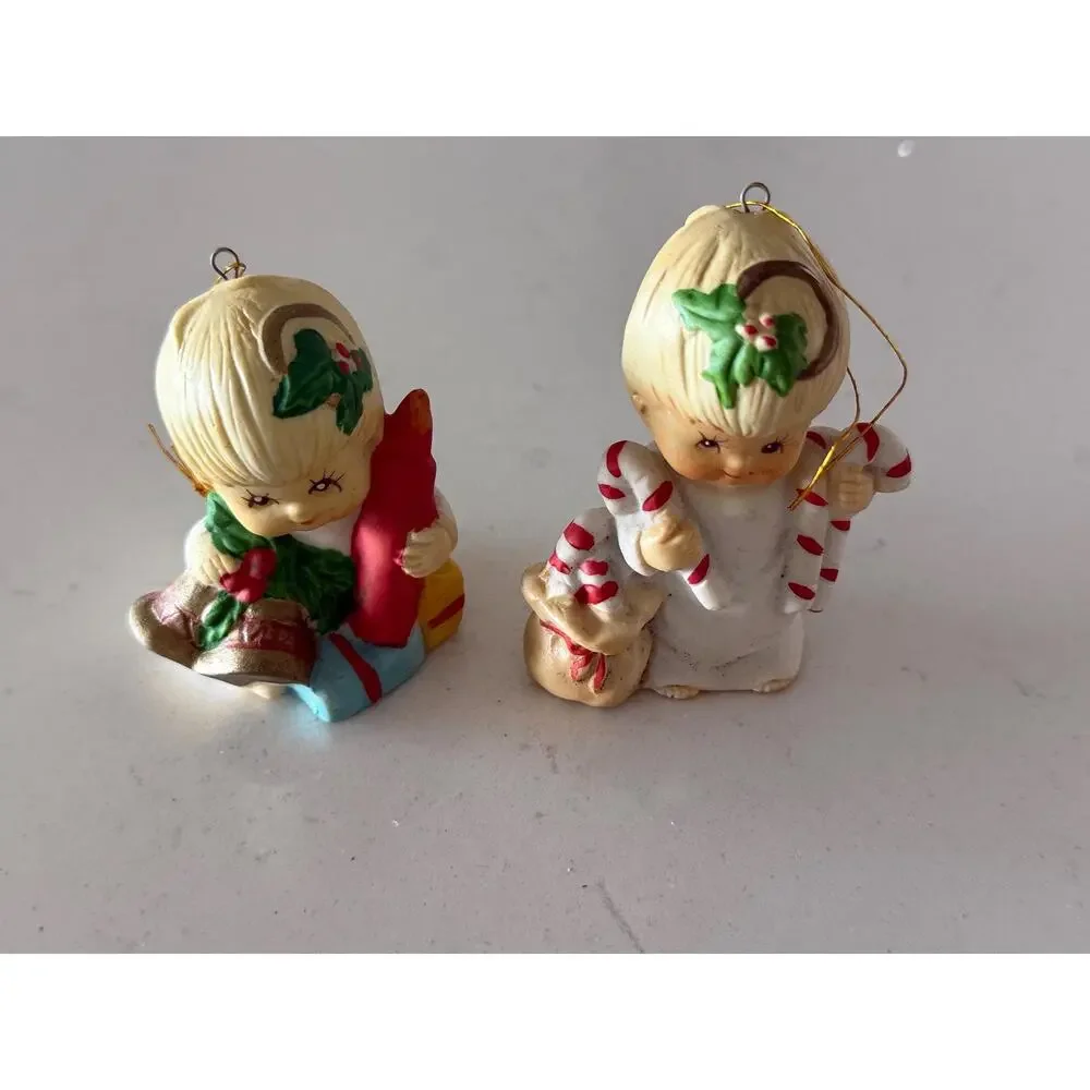 Vintage Jasco Christmas Ornaments Set 5 Bisque Porcelain Children Taiwan Box